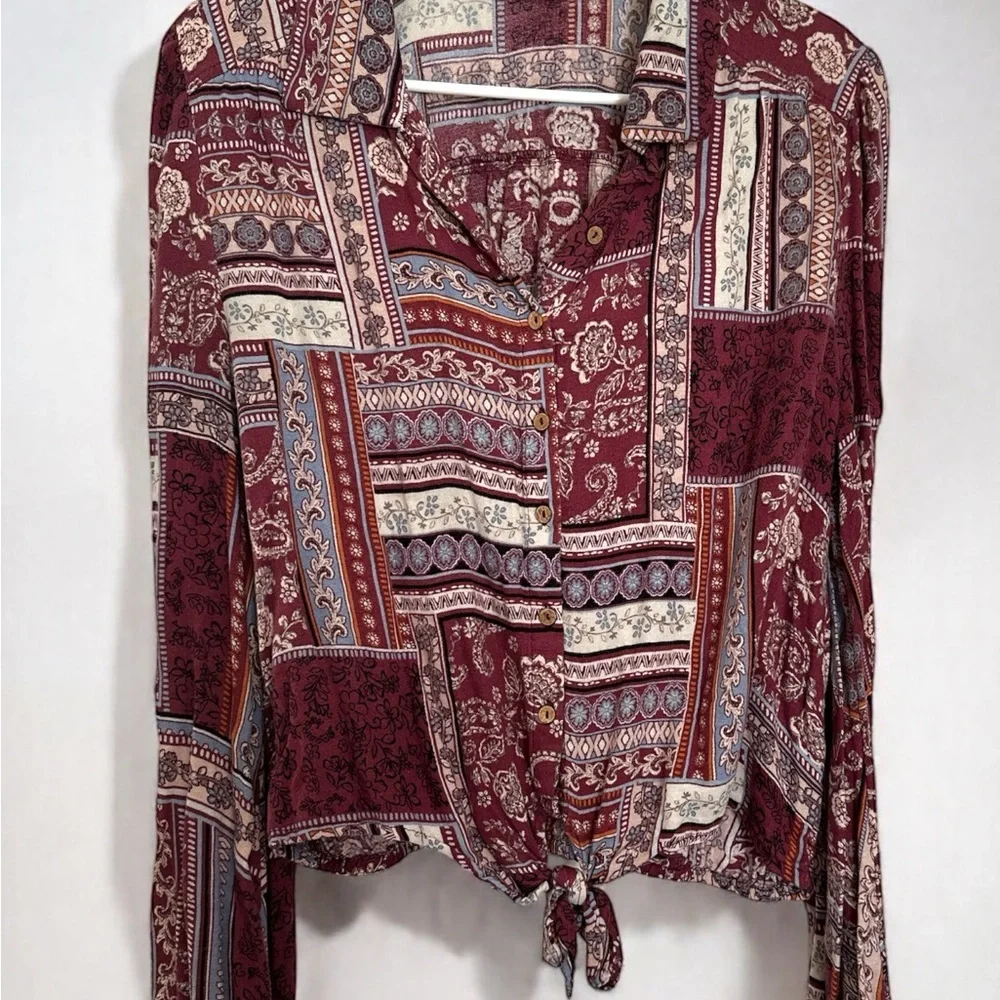 AMERICAN RAG Womens Red Printed Long Sleeve Collared Button Up Top Large - Picture 8 of 8